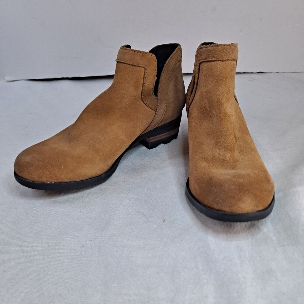Sorel Lolla Women's Cut Out Booties Sz 6.5 Camel Brown Suede Slip On Ankle Boots